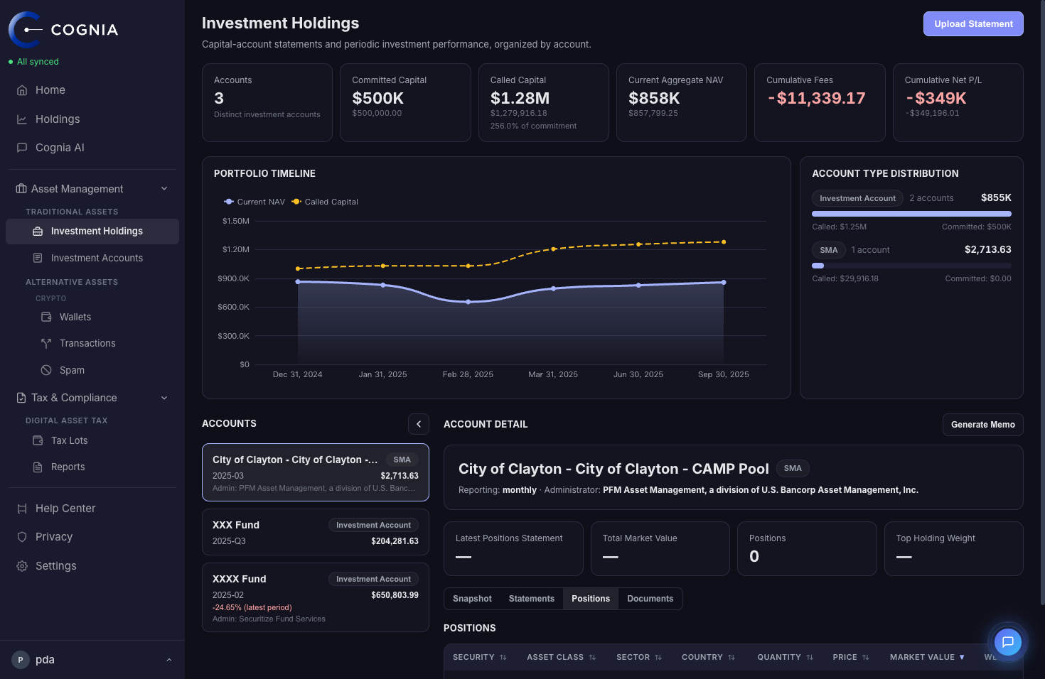Cognia investment holdings page showing traditional asset performance and account details