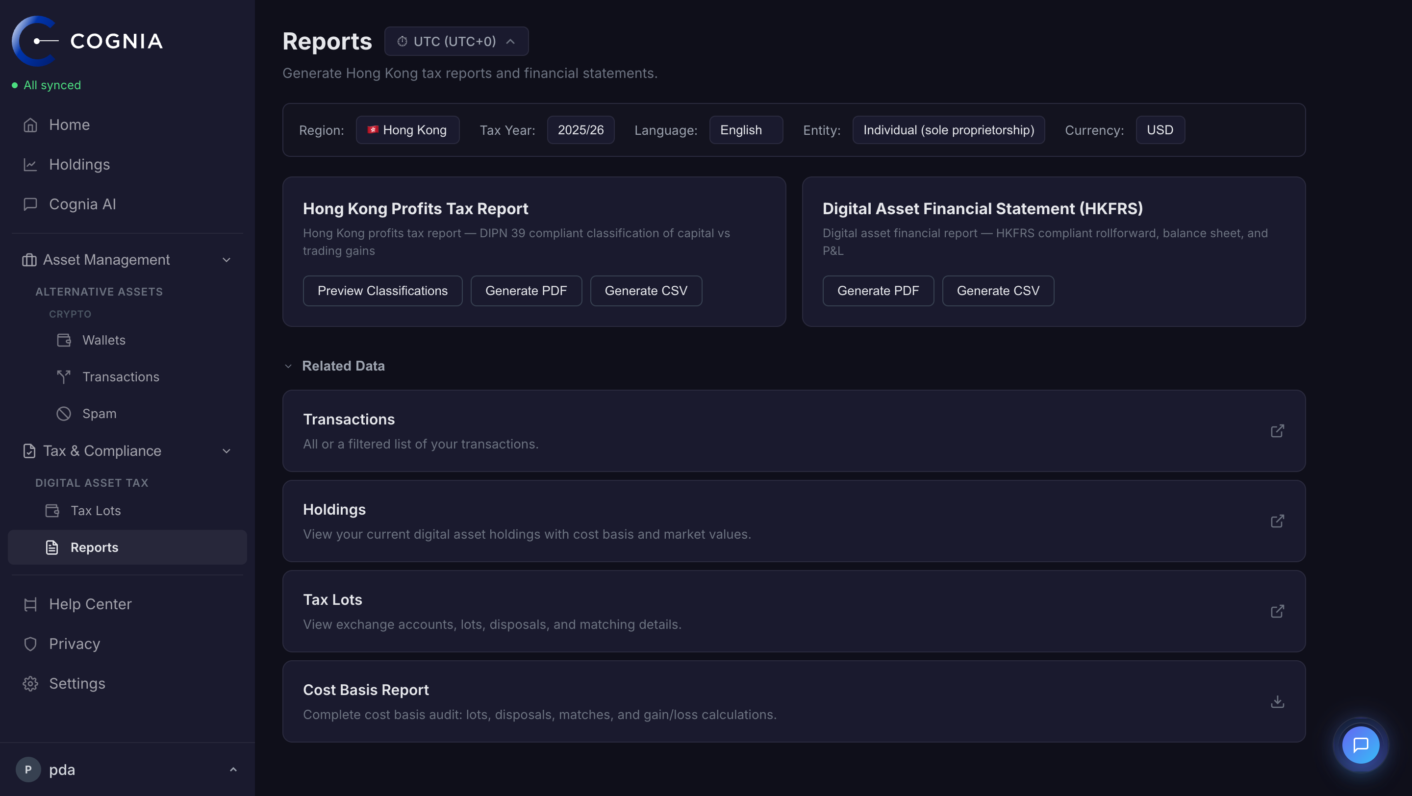 Cognia reports workspace for Hong Kong tax reports and financial statements