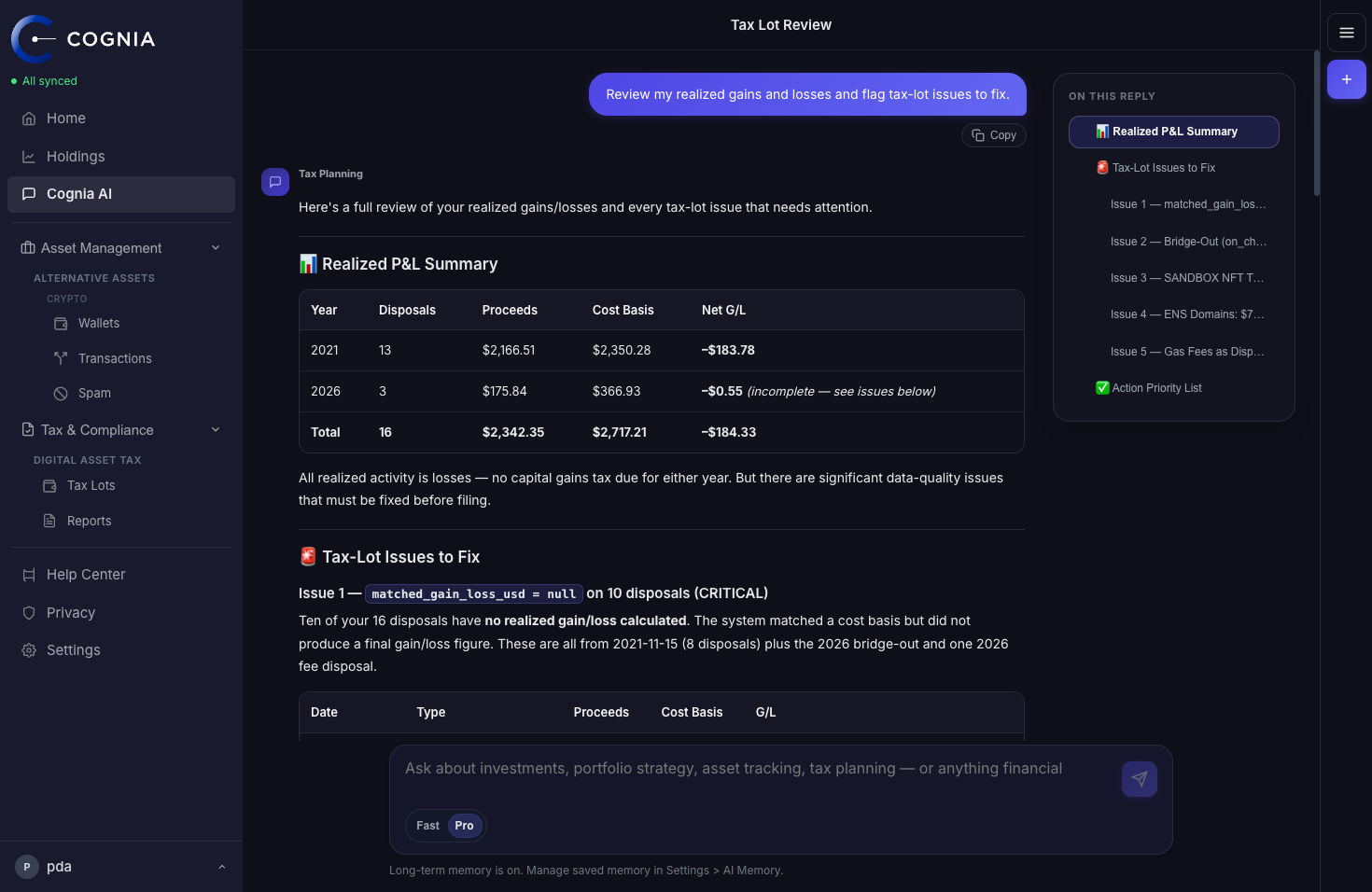 Cognia AI tax planning answer with realized P&L summary and tax lot issues