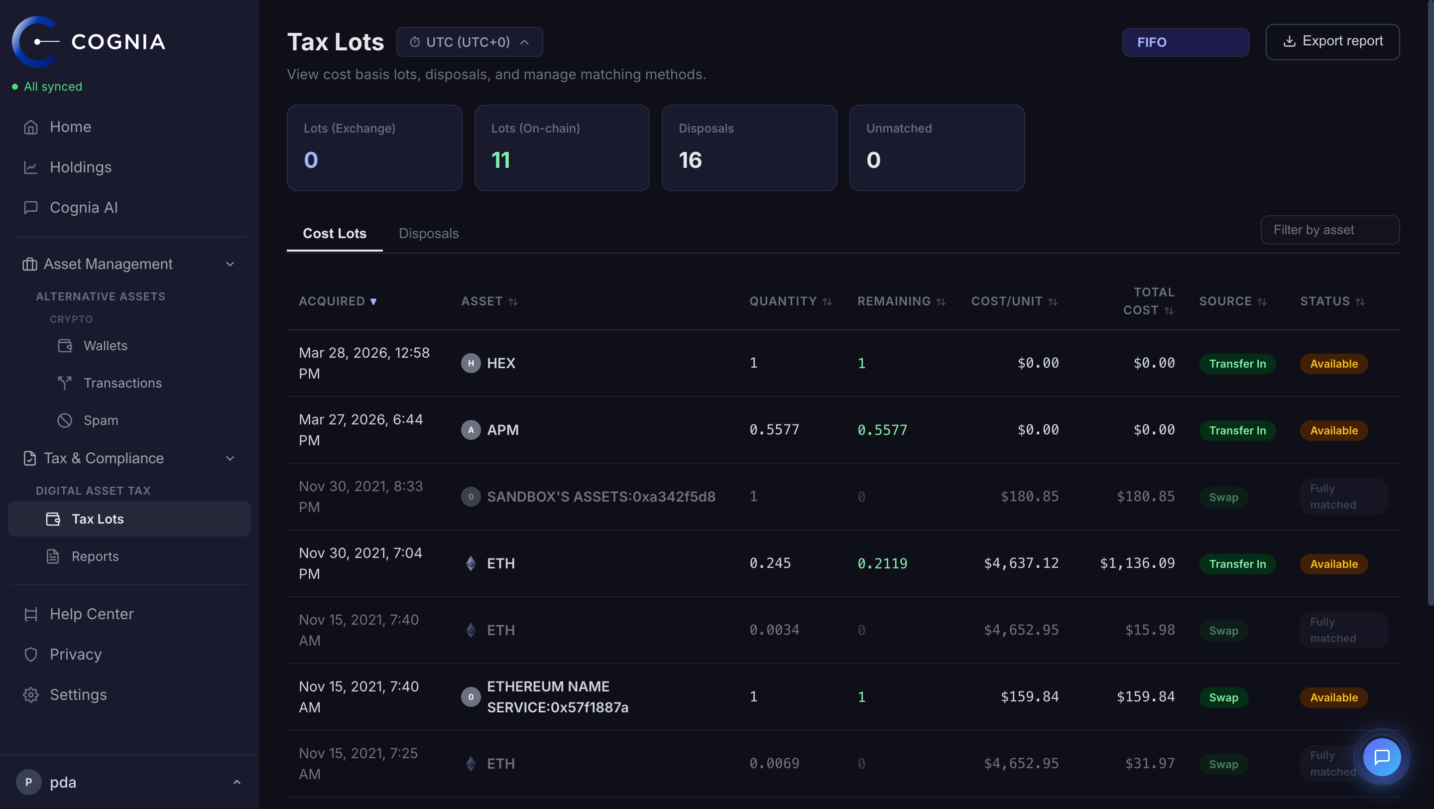 Cognia tax lots workspace showing cost basis lots and matching statuses
