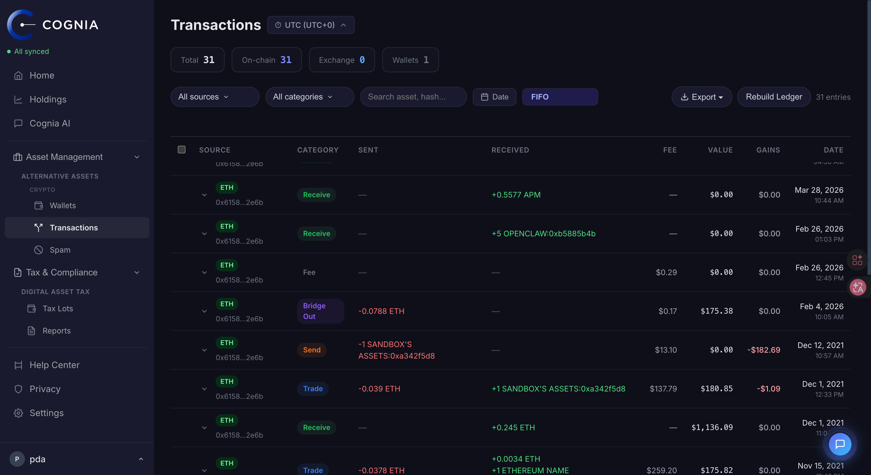 Cognia transactions workspace showing digital asset activity, classifications, and review status