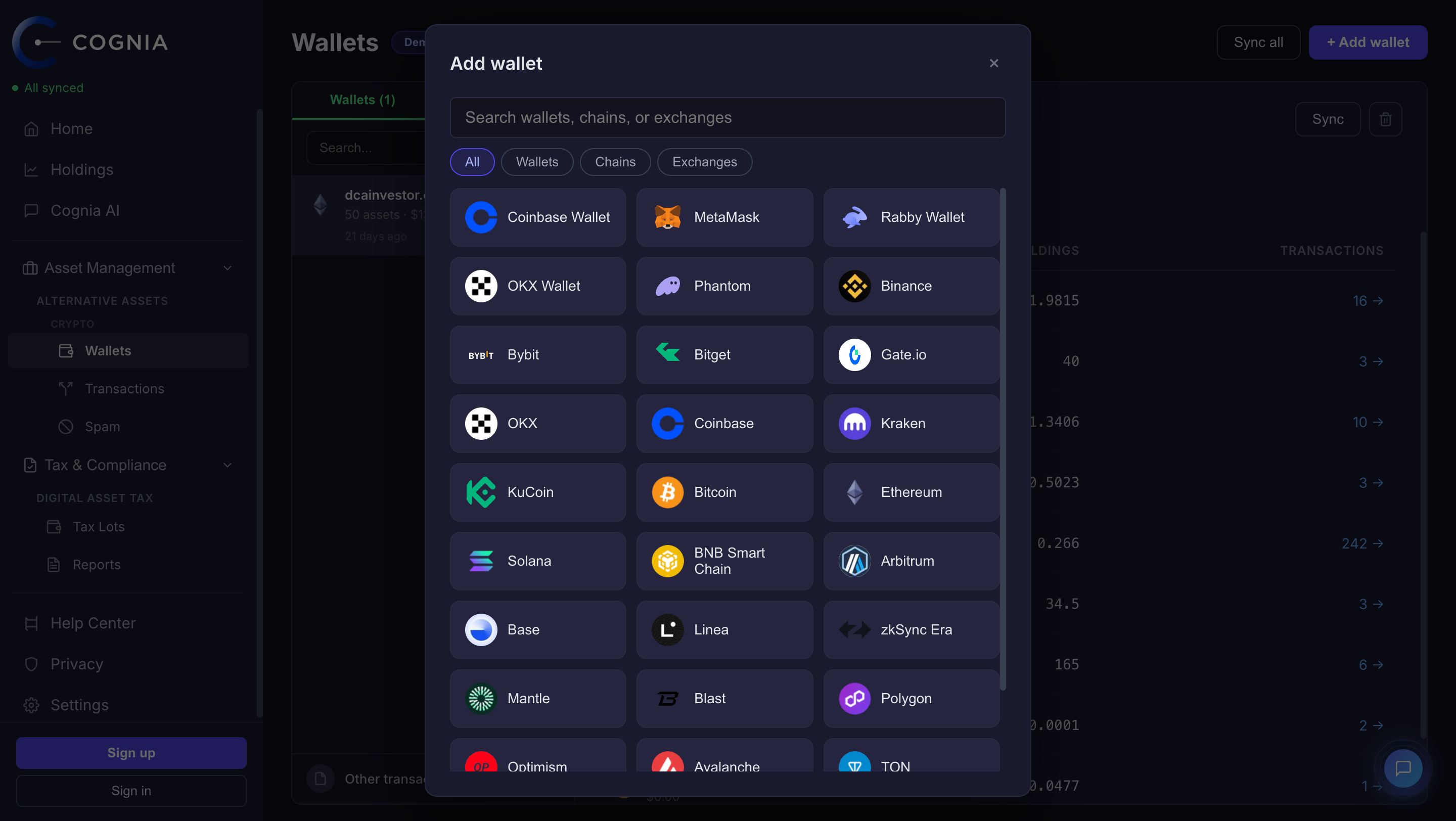 Cognia wallet connection dialog with supported wallets, exchanges, and chains